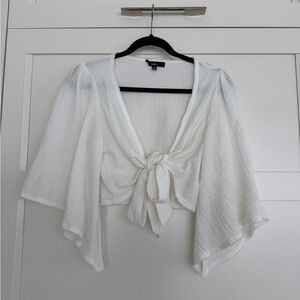 Lulu's White Tie-Front Flutter Sleeve Crop Top